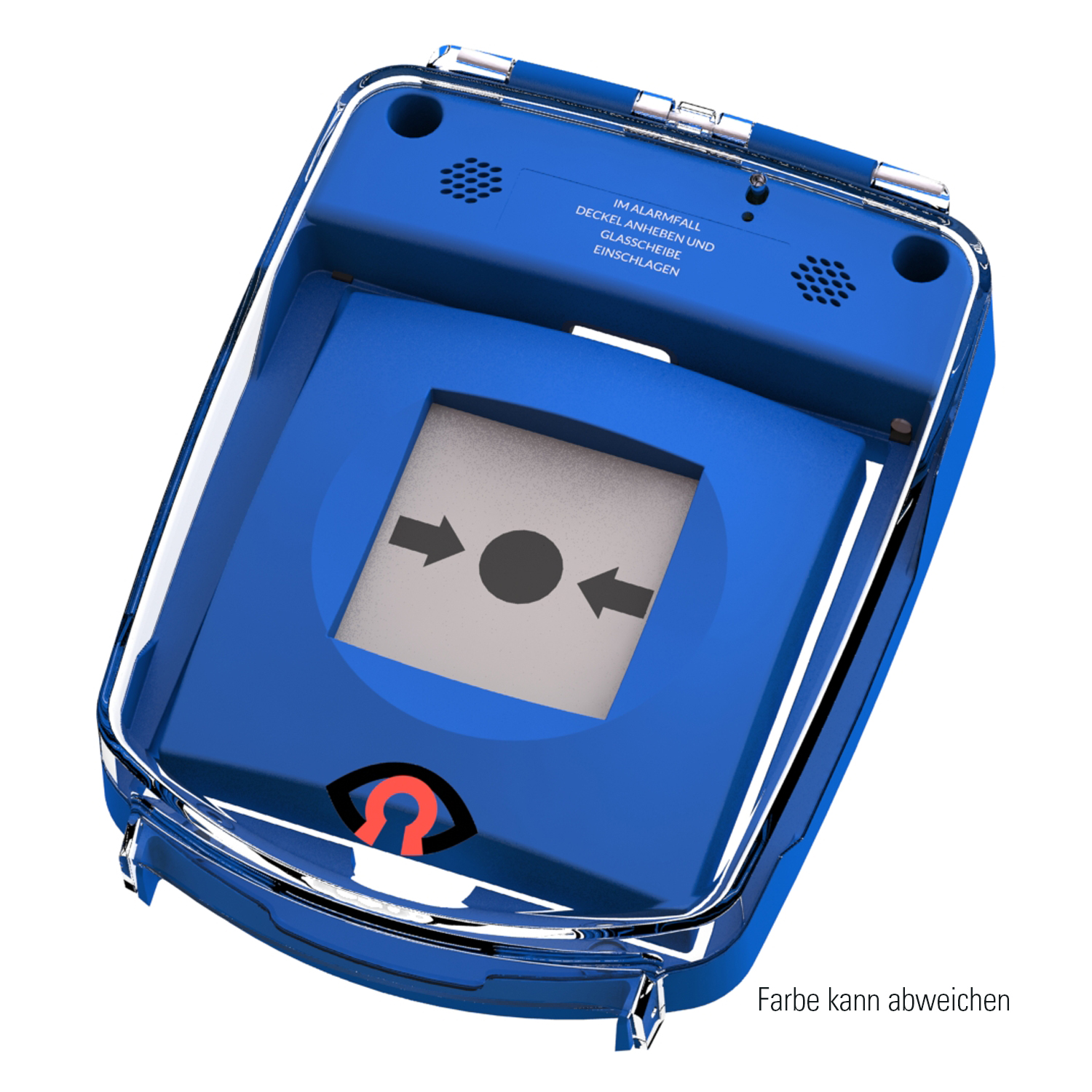 GfS e-Cover® groß mit Alarm zur Abdeckung eines Handauslösetasters, blaues Kunststoffgehäuse